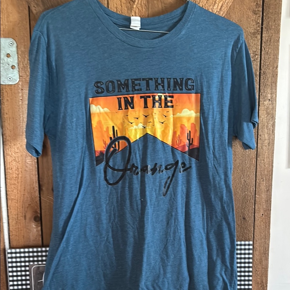 Blue Graphic T-Shirt with Orange Design